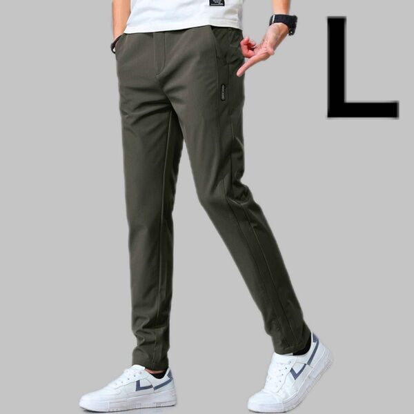 メンズ パンツ ダークグリーン L アイスシルク ストレッチ 伸縮性 オフィスカジュアル スマート ゴルフ スポーツ 登山 釣り