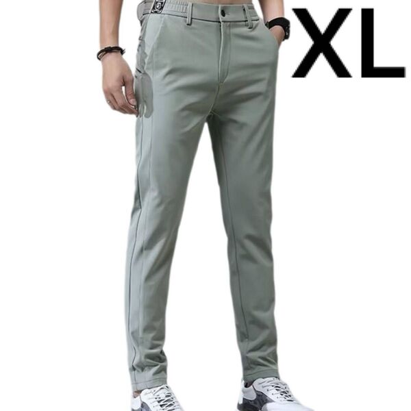 メンズ パンツ ライトグリーン XL アイスシルク ストレッチ 伸縮性 オフィスカジュアル スマート ゴルフ スポーツ 登山 釣り