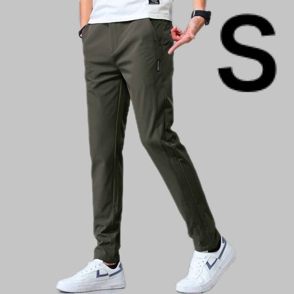 メンズ パンツ ダークグリーン S アイスシルク ストレッチ 伸縮性 オフィスカジュアル スマート ゴルフ スポーツ 登山 釣り