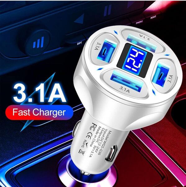 カーチャージャー USB 3.1A 4ポート同時 高速充電器 シガーソケット 自動車 デジタル 電圧LED表示