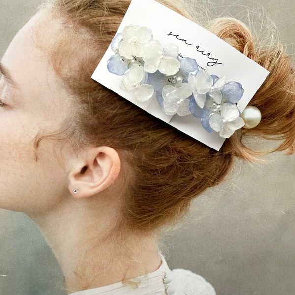no.1099 大人気 再販 ネモフィラとアナベルのヘアバレッタ ブルー ホワイト パール 本物のお花 髪飾り 髪留め ヘア