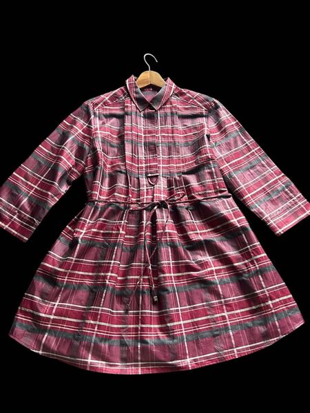 courreges クレージュ ブラウストップス チェック柄 七分袖 赤系 40/L