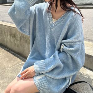 カスタネ ニット ダメージ加工 Vネック ビックシルエット オーバーサイズ 長袖ニット