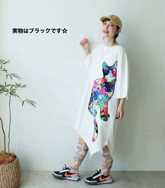 スカラー ワンピース 猫 刺繍 パッチワーク柄 アップリケ Tシャツワンピース