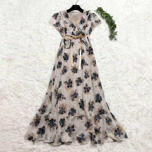 希少デザイン 大きいサイズ ローラアシュレイ 花柄シフォンワンピース XL
