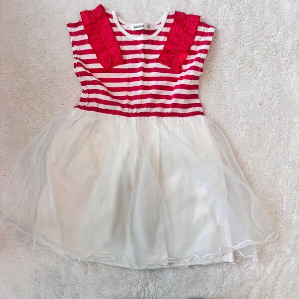 ワンピース SLAP SLIP/天竺ボーダー チュールワンピース ドッキングワンピース 110cm BeBe 女の子 キッズ