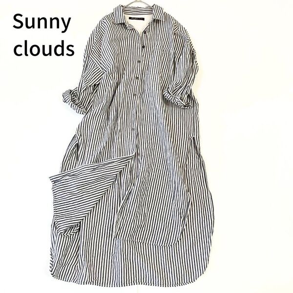 Sunny clouds ロングワンピース ストライプ コットン リネン 黒×白