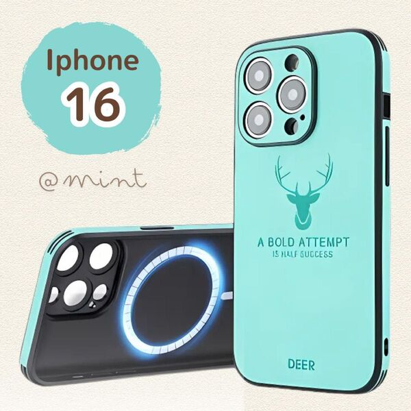 iPhone 16 ケース ミント スマホ カバー 鹿 DEER PU レザー クール おしゃれ グリーン 衝撃 かわいい 軽量