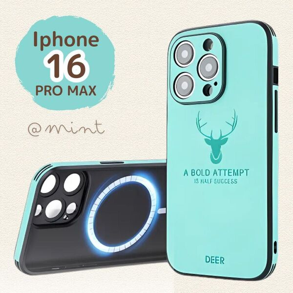 iPhone 16 Pro Max ケース ミント スマホ カバー 鹿 DEER PU レザー クール おしゃれ グリーン 軽量