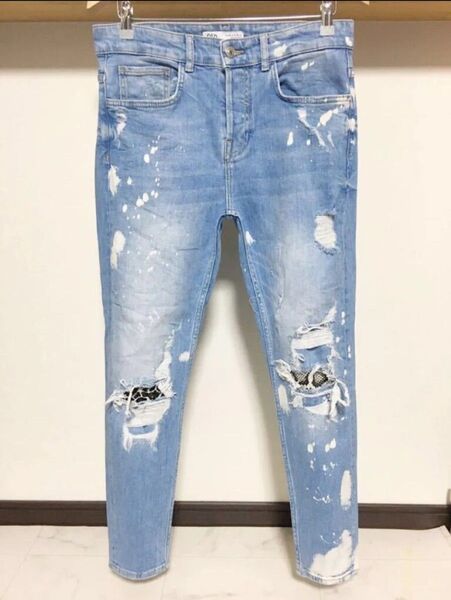 ZARA MAN ヒョウ柄 ヘビ柄 ブリーチ ダメージ デニム スキニー メンズ リペア ストレッチ パンツ ジーンズ