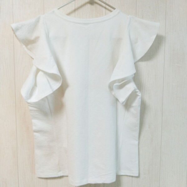 ユニクロ ラッフルスリーブTシャツ カットソー L ホワイト フリル袖 クルーネック 白 夏物