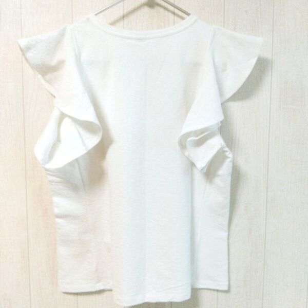 【新品未使用】ユニクロ ラッフルスリーブTシャツ カットソー L ホワイト フリル袖 クルーネック 白 夏物