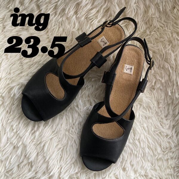 美品 ing イング 本革 ブラックサンダル 23.5cm