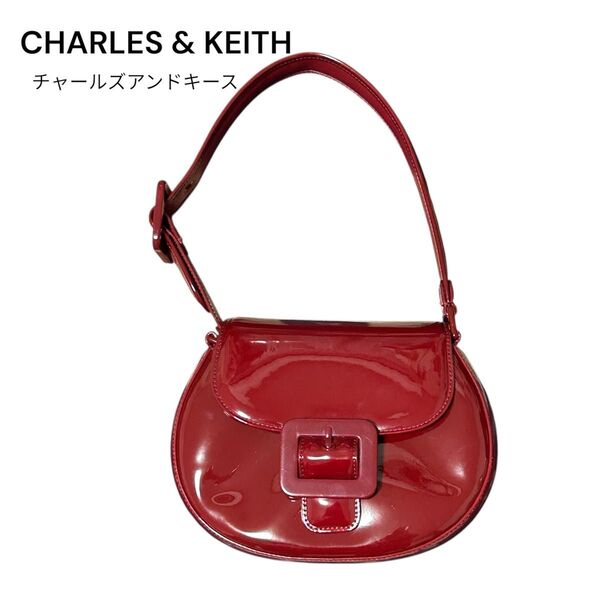 新品 CHARLES & KEITH チャールズアンドキース パテントバックルバッグ レッド ワンハンドル