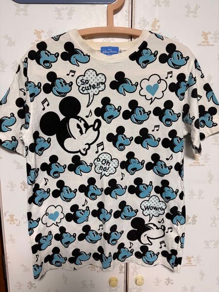 ディズニーリゾート ミッキーマウス 総柄Tシャツ Mサイズ ホワイト×ライトブルー