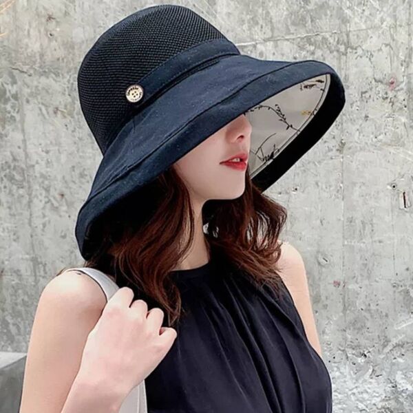 UVハット レディース 帽子 アゴ紐付き メッシュ UVカット 日焼け防止 オシャレ 黒色 小顔 つば広 花柄 アウトドア