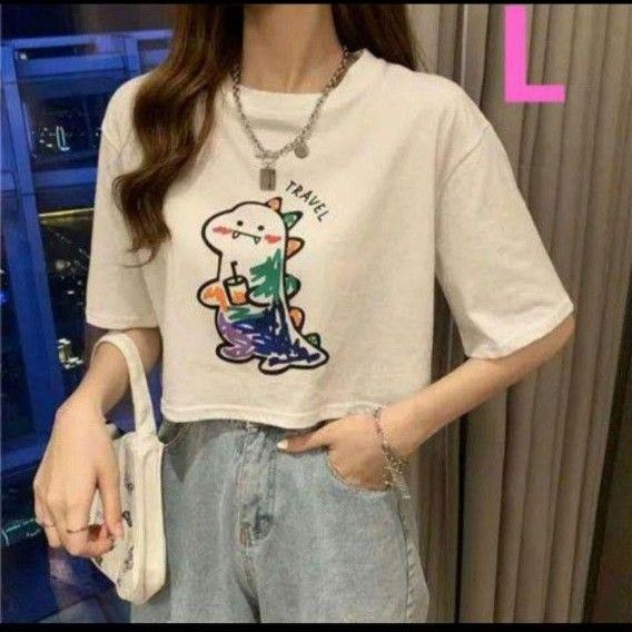 新品 L 白 Tシャツ 半袖 短め レディース ロゴ ショート 恐竜