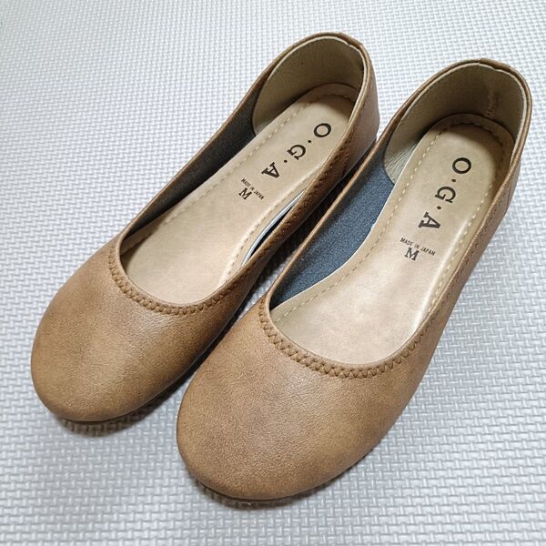 USED 日本製 キャメル 痛くない ラウンド パンプス ローヒール フラット 革