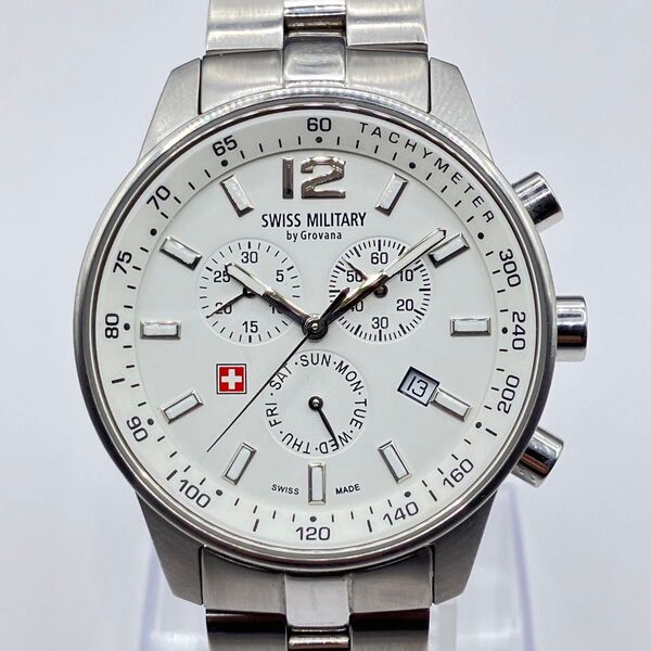 【美品】SWISS MILITARY 7015.9 メンズ腕時計 クロノグラフ クォーツ スイス製 ホワイト文字盤 クォーツ腕時計