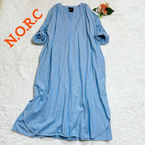 美品★N.O.R.C ノーク リネン混 ストライプロングワンピース ブルー キーネック 2