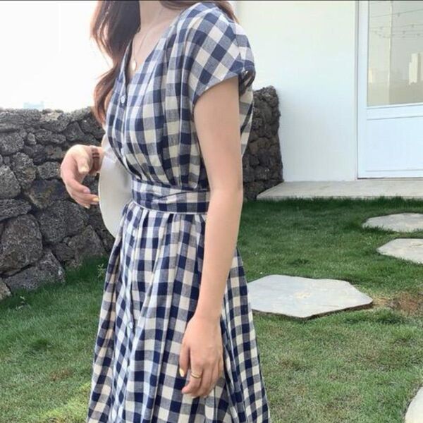 夏 ノースリーブ ロングワンピース ウエストマーク タックロング フレンチスリーブロングワンピース チェック ワンピース