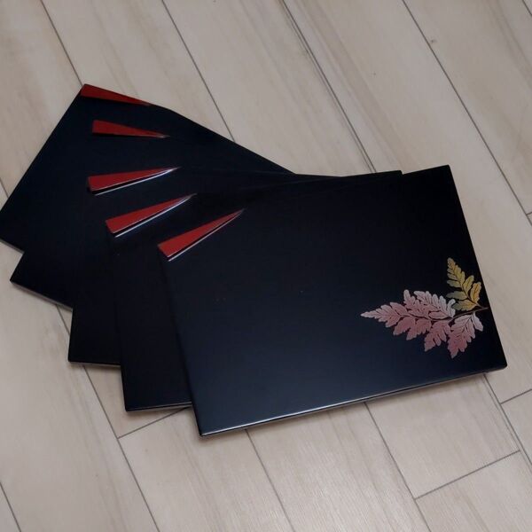 漆器 花模様 ゲストプレート 5枚揃セット 銘々皿 伝統工芸品 茶道具 木製 漆芸