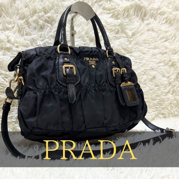 希少 プラダ 2way ショルダーバッグ シボ革 オール レザー ゴールド 金具