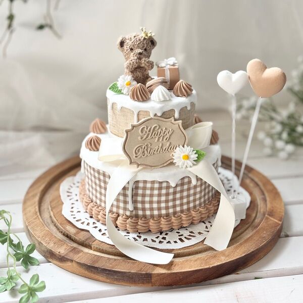 #196 茶2段 クレイケーキ ハーフバースデー 誕生日 1歳 誕生日 ファーストバースデー おうちフォトブース フォトスタジオ