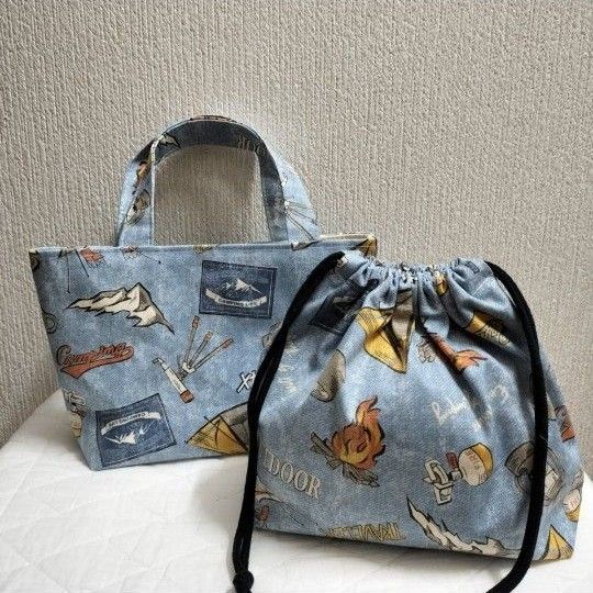 2点セット デニム調アウトドア柄 トートバッグ、お弁当袋 ハンドメイド