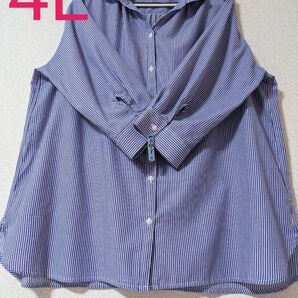 しまむら 七分袖 ストライプシャツ 4L ブルー 大きいサイズ