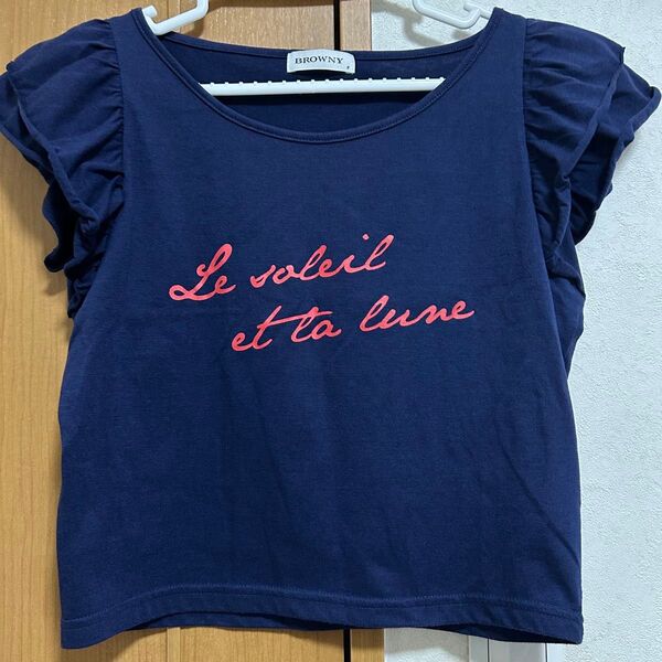 WEGO フリル袖デザインロゴ入りTシャツ ショート丈トップスカットソーネイビー