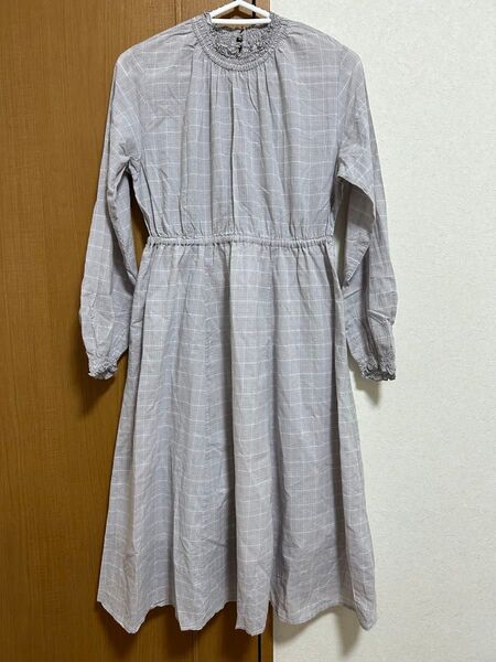 イーハイフン ハイネックチェック柄ロングシャツワンピース ストレッチレース コットン100%