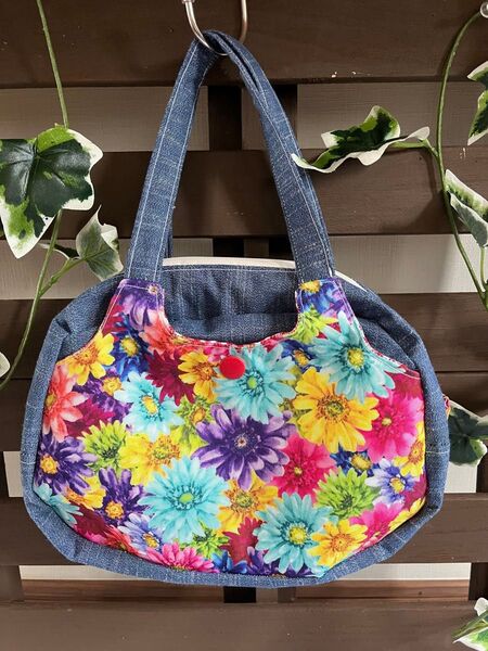 ハンドメイド ボストンバッグ トートバッグ 買い物 通勤 ポケット付き 花柄 カラフル デニム生地