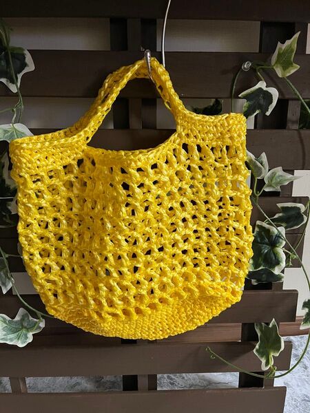 ハンドメイド かぎ針編み スズランテープ かごバッグ 黄色 エコバッグ 方眼編み 夏バッグ ビニール紐