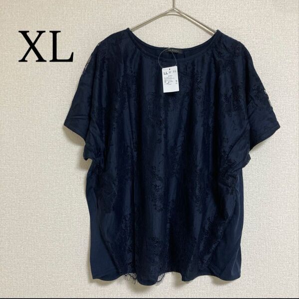 半袖 ラッセル レース ドルマン プルオーバー ネイビー XL Tシャツ 花柄 ブラウス カットソー