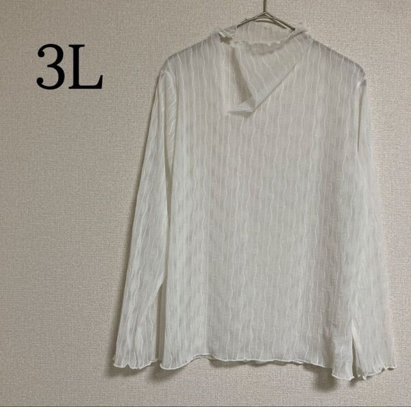長袖 シアーシャツ シースルー ジャカード 大きいサイズ 3L オフホワイト トップス カットソー Tシャツ