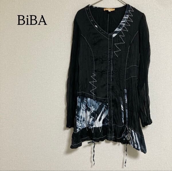 BiBA ビバ 長袖 シースルー シアーシャツ チュニック トップス 総柄 L 薄手 ブラック 黒