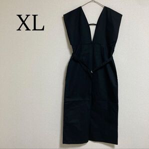 ロングワンピース ジャンバースカート サロペット カバーオール XL 綿100 ブラック Vネック ノースリーブ