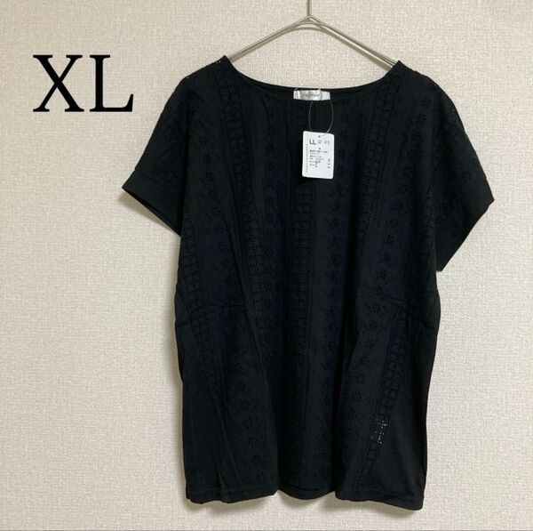 幾何学レース 花柄レース 半袖 Tシャツ カットソー ブラウス XL ブラック トップス