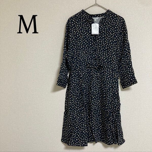 ひざ丈ワンピース 長袖 シャツワンピ 花柄 総柄 ネイビー M レーヨン素材