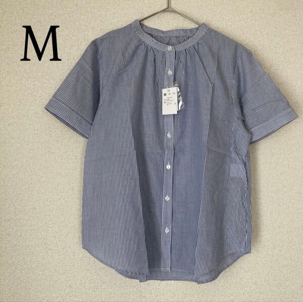 半袖 ストライプ シャツ バンドカラー ブラウス トップス M ブルー系 新品 ナチュラル
