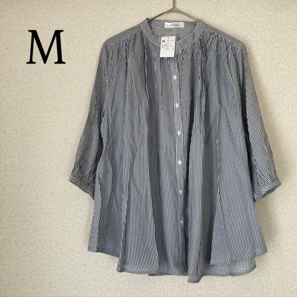 七分袖 ストライプ シャツ バンドカラー ブラウス トップス M ブルー系