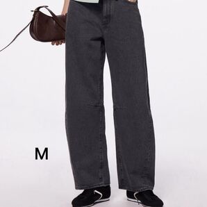 【新品】GU ブラック ダークグレー バレルレッグジーンズ ワイドレッグデニム Mサイズ