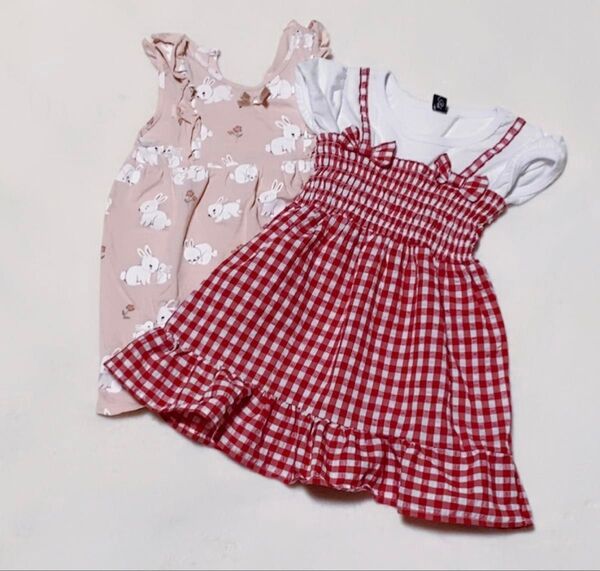 最終値下 2点セット H&M うさぎ 赤チェック ワンピース