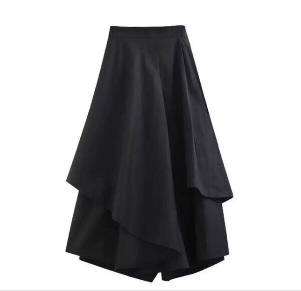 ガウチョパンツ スカーチョ パンツスカート 変形 アシメントリー パンツ ウエストゴム有り 黒 ブラック L