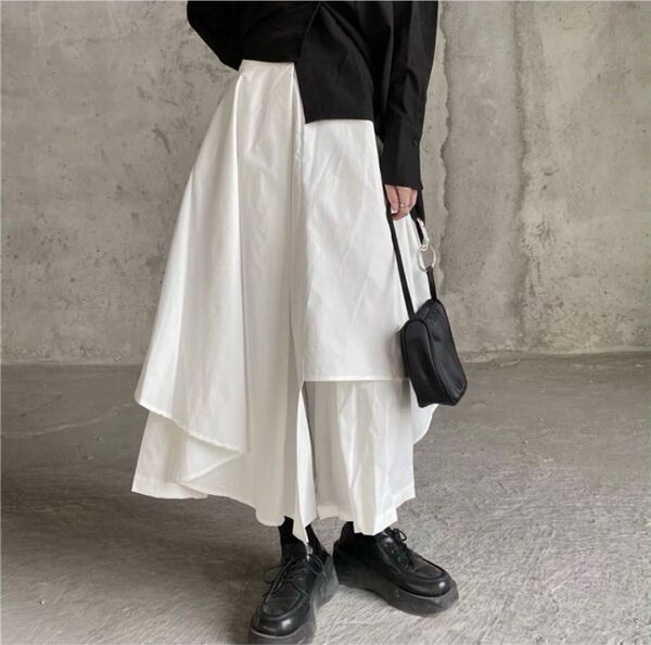 ガウチョパンツ スカーチョ パンツスカート 変形 アシメントリー パンツ ウエストゴム有り 白 L