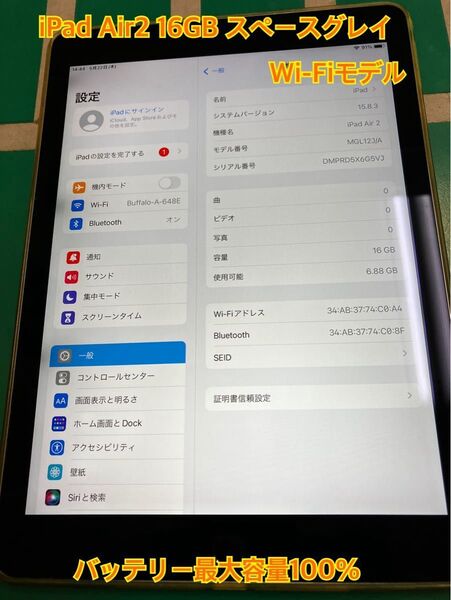 【ジャンク品】iPad Air2 16GB Wi-Fiモデル スペースグレイ バッテリー最大容量100%