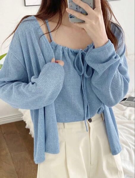 シーイン DAZY 2枚セット レディース ソリッドカラー ドロップショルダー 長袖ジャケット & キャミソール、春夏