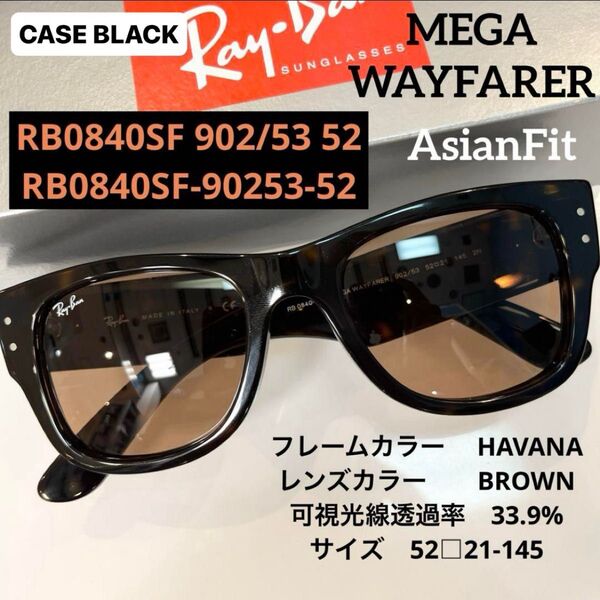 正規RayBanレイバンRB0840SF90253MEGA WAYFARERメガウェイファーラーHAVANA BROWN ケース黒