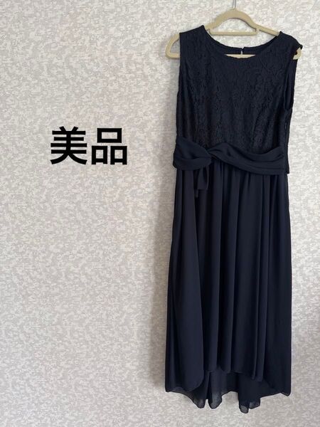 ノースリーブワンピース ネイビー レース シフォン パーティー 結婚式 二次会 M